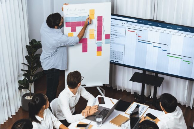 Project manager communicate and collaborate with team. Prudent