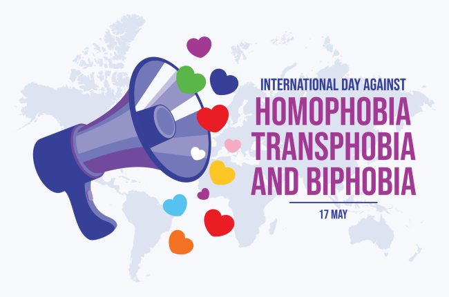 International Day Against Homophobia, Transphobia and Biphobia poster vector illustration. Loud speaker and colorful hearts vector. LGBTQIA megaphone love symbol. Template for background, banner, card