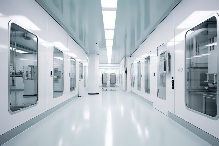 Internal and equipment of modern pharmaceutical factory R&D center. AI technology generated image
