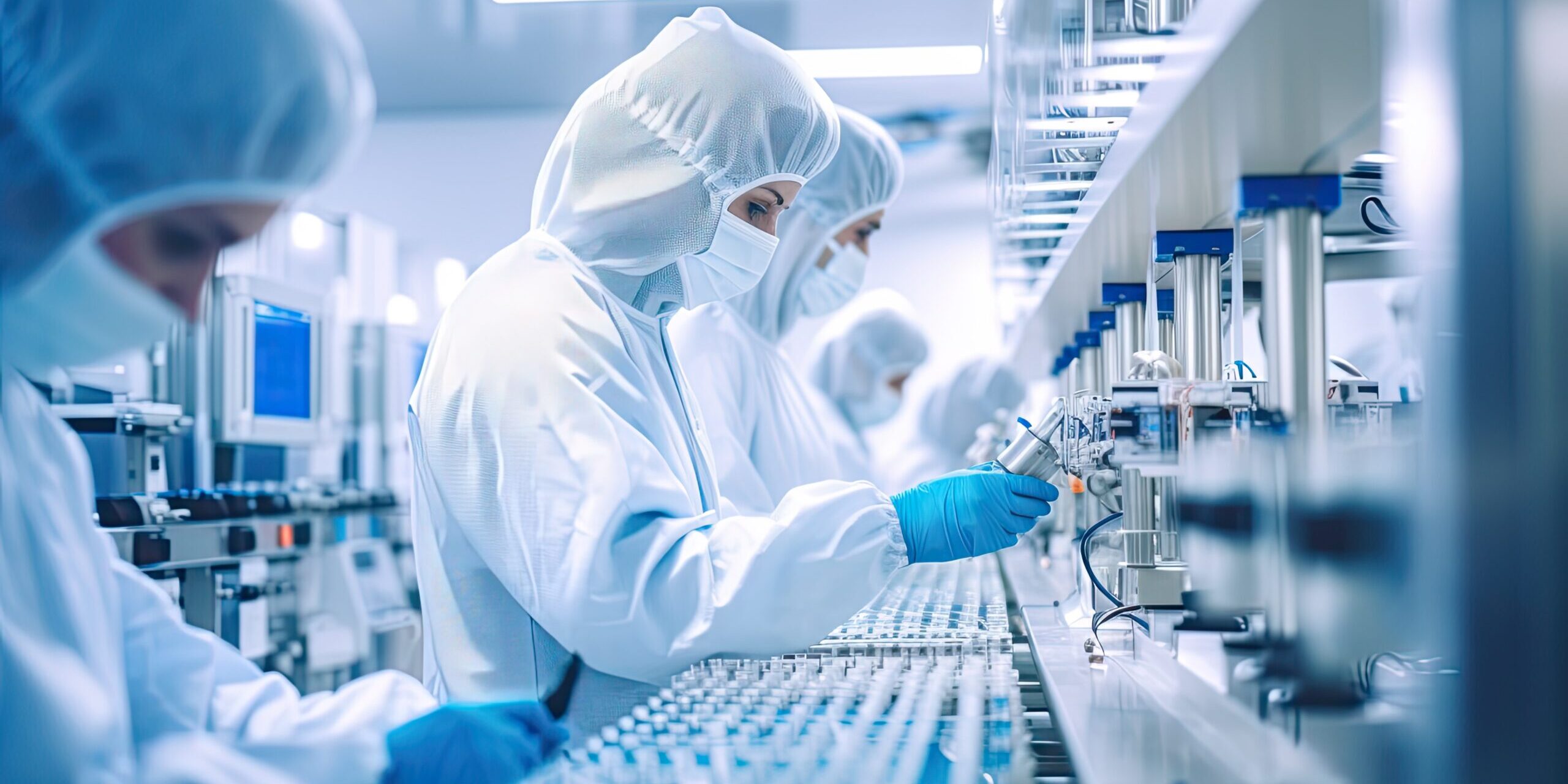 In a modern industrial facility, scientists and technicians work together on pharmaceutical and medical research